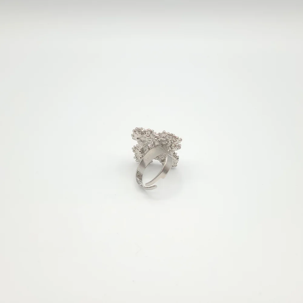 Pink Rhinestone Floral Cluster Ring Silver Tone Adjustable Statement - Picture 6 of 8